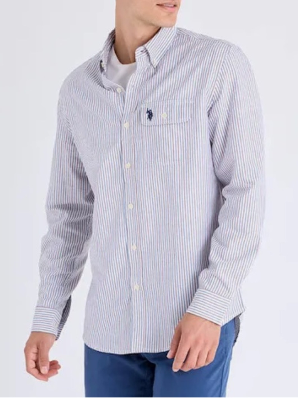 U.S. Polo Assn. Men's Long Sleeve Vertical Stripe Oxford Shirt Wrinkle Free